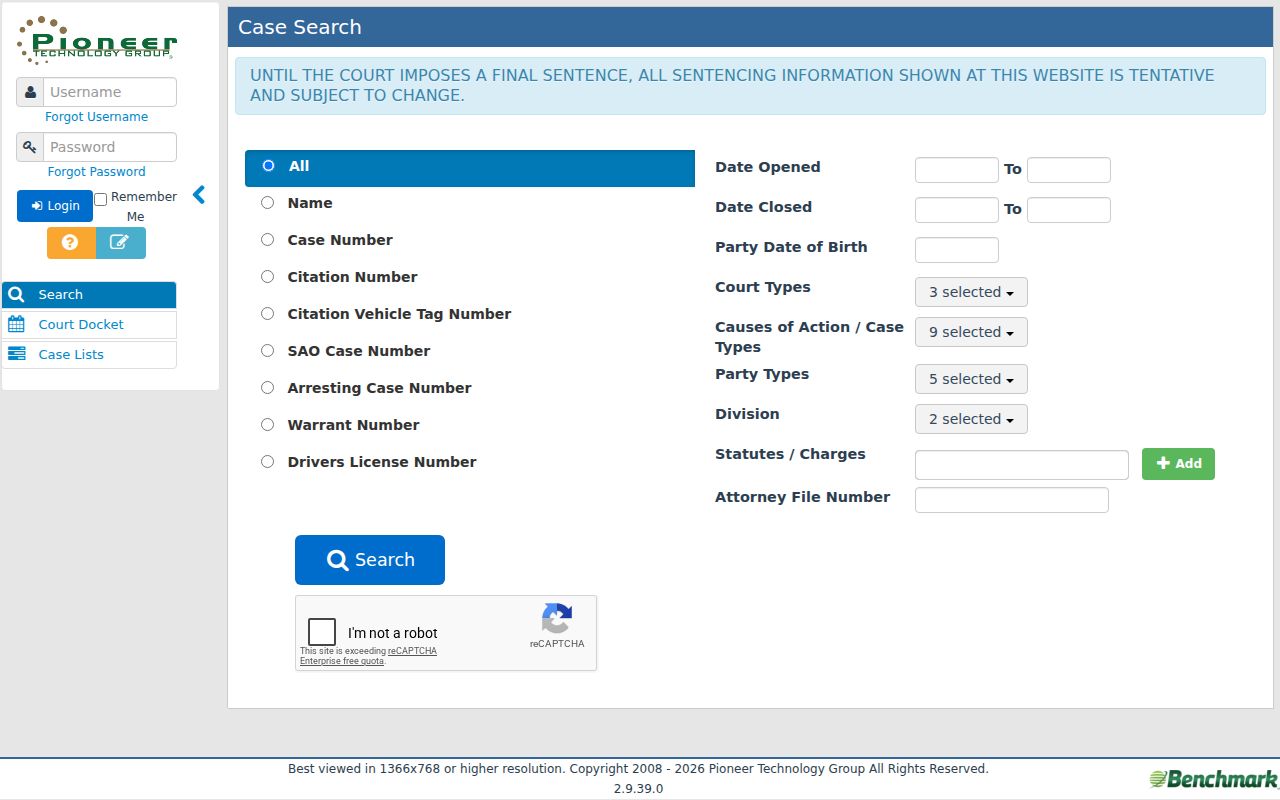 Medina County case search fields on Medina Municipal Benchmark Case Access