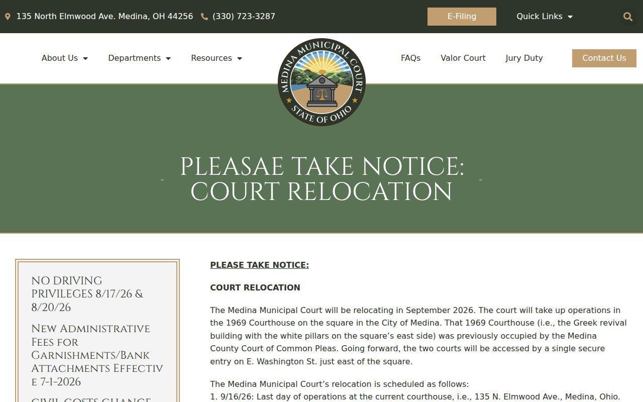 Medina County court calendar notice for Medina Municipal Court relocation