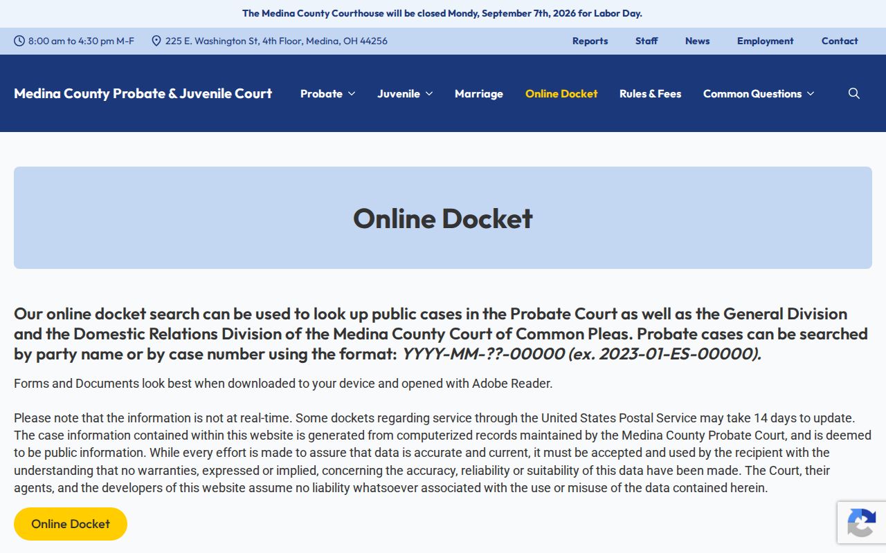 Medina County court calendar and Probate online docket access